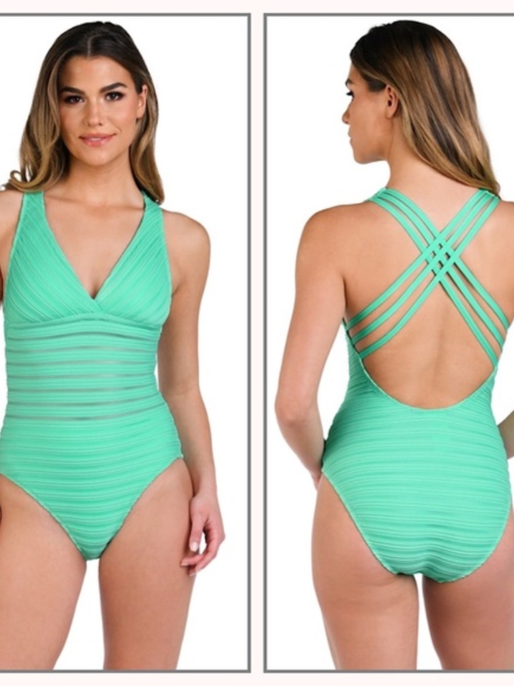 La Blanca Fluid Lines Seafoam Geen Cross-Back One-Piece Swimsuit Size 16